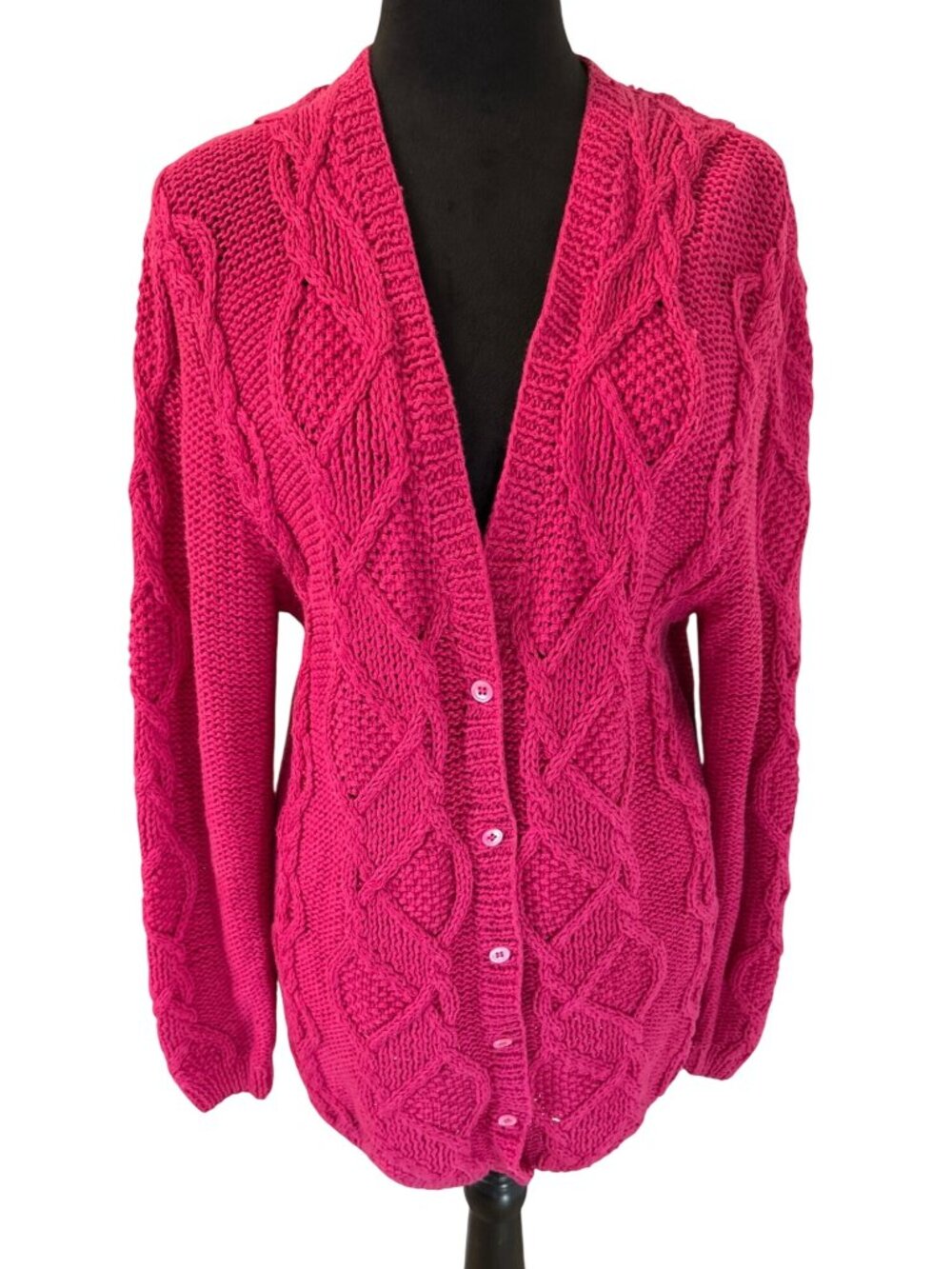 Vintage Lauren Hansen Size S Hand Knit Raspberry Pink Cable Knit Cardigan Cozy